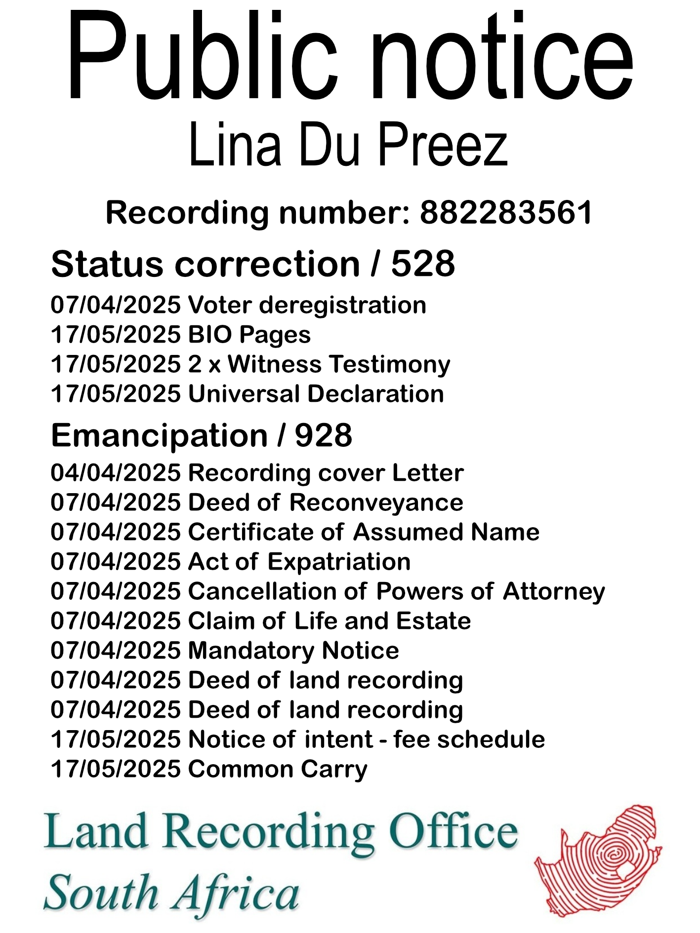 Public Notice Lina Du Preez (c) Recording number 882283561